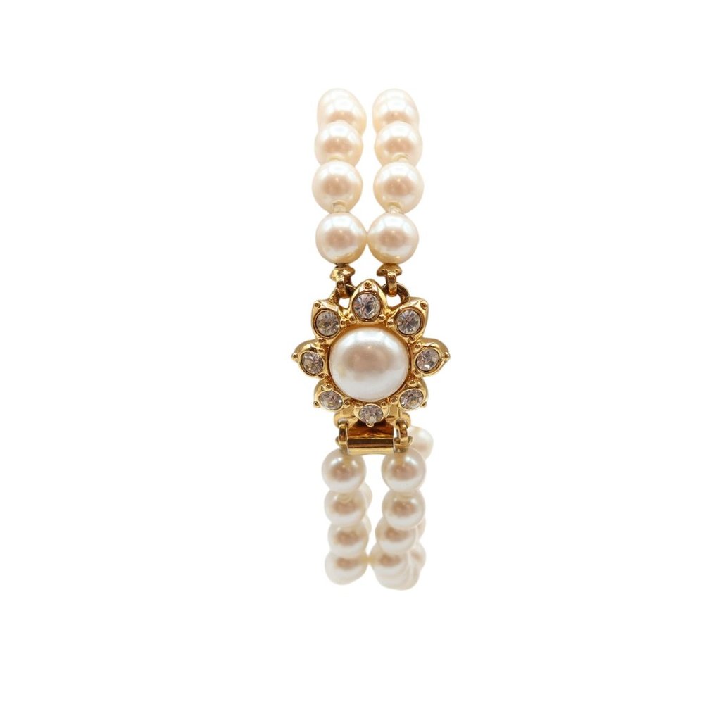 Retro Faux Pearl Knotted Two Strand Bracelet w/ Gold Tone Rhinestone Clasp